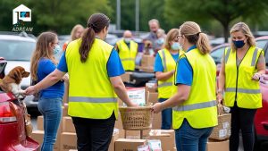 volunteers at pet food distribution event